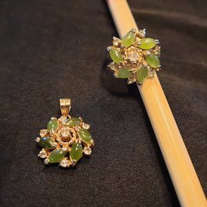 Vintage jade + rhinestone ring and pendant